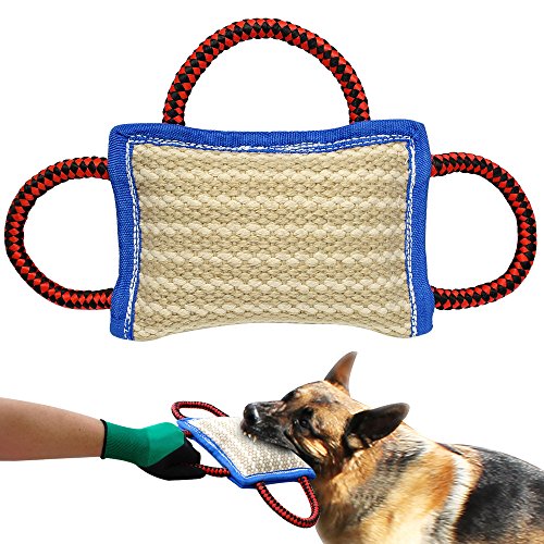 PET ARTIST Tough Dog Tug Toy Jute Bite Pillow,9.5'x6.5',with 3 Handles,Durable Jute Tug for Puppy Training,Ideal for Tug of War,Interactive Play,IPO,Linen Biting Pad for Young Dog