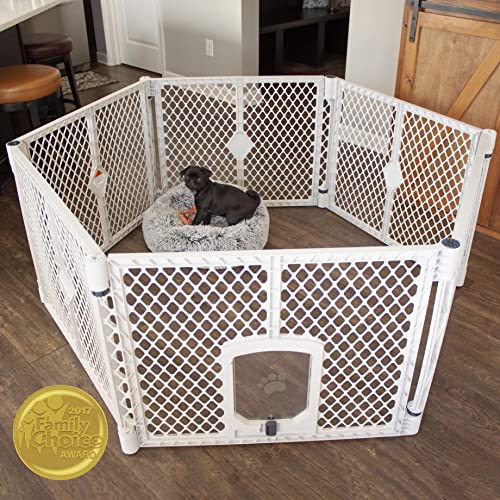 North States MyPet 18.5 Sq. Ft. Petyard Passage: Made in USA, 6-panel pet enclosure with lockable pet door. Freestanding. (26' Tall, Light Gray)