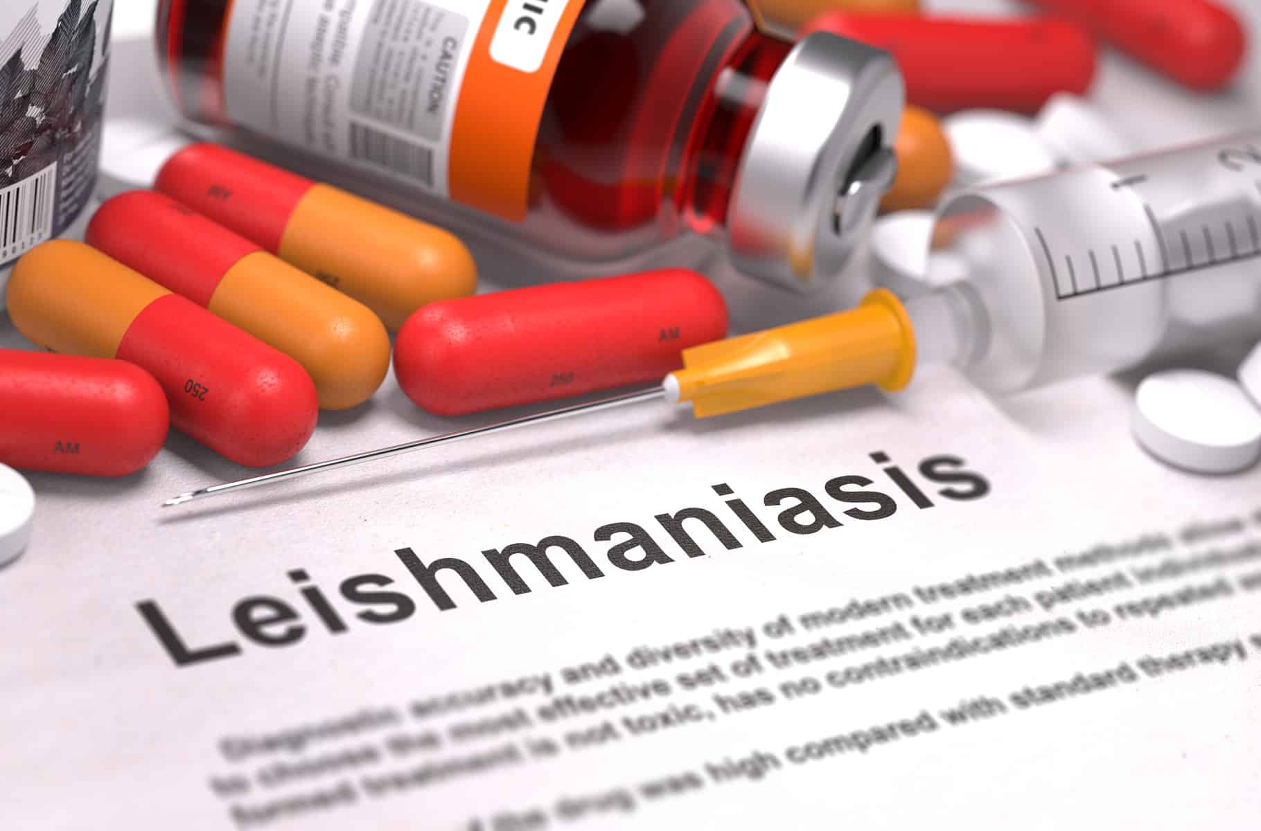 Leishmaniasis in print with syringe and medication