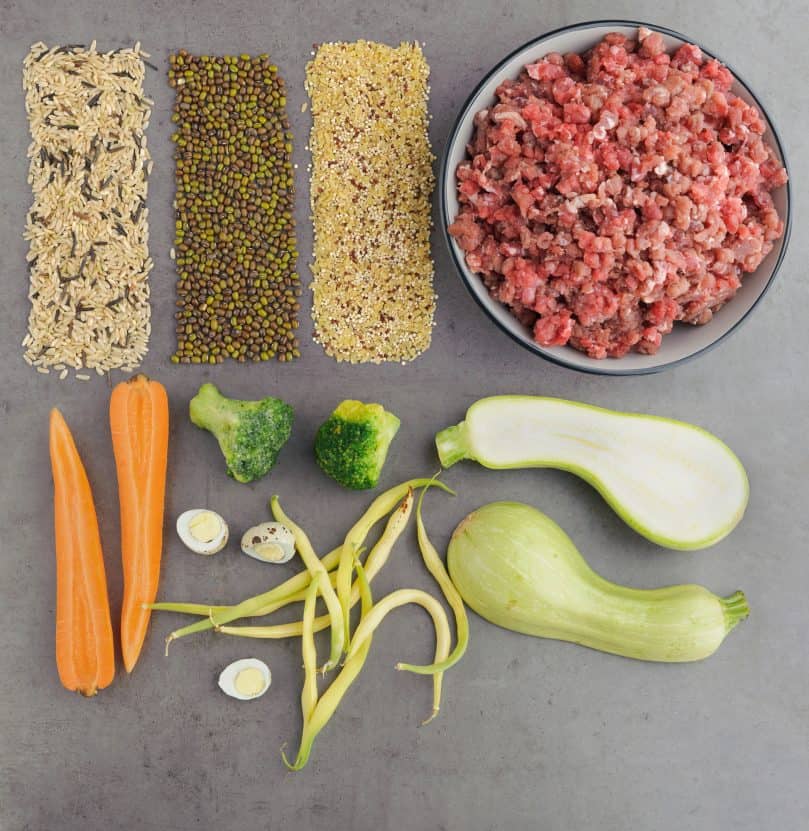 Natural raw ingredients for a raw diet pet food on grey background. Flat lay.