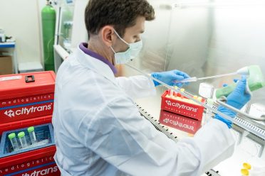 A specialist or veterinarian preparing canine semen for shipping